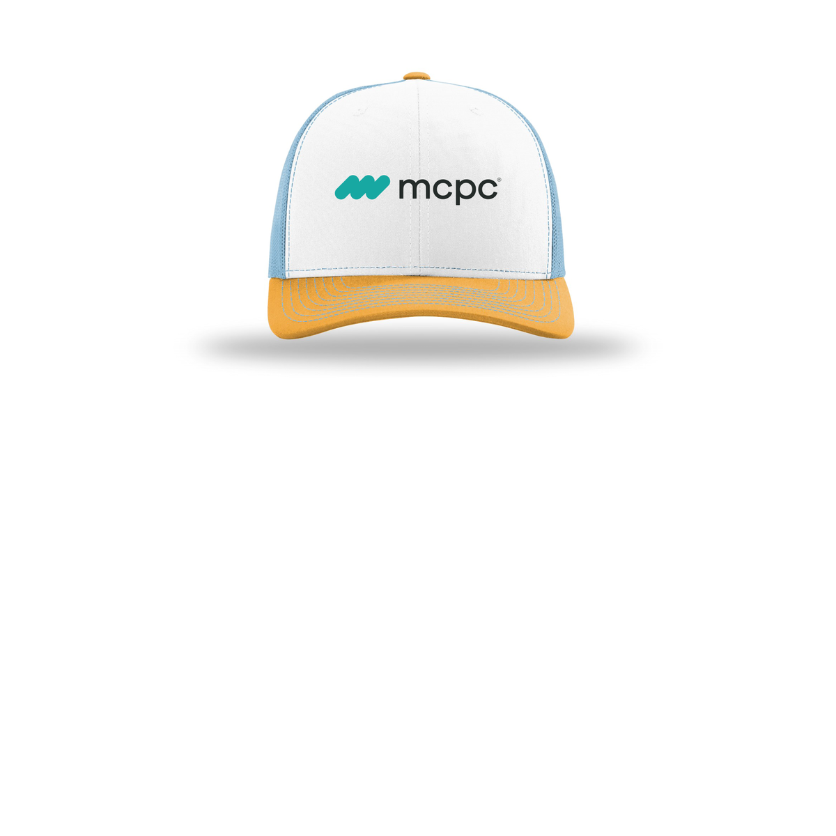 mcpc-richardson-trucker-cap-embroidery-capfront-R112-whitecolumbiablueyellow-flat-front