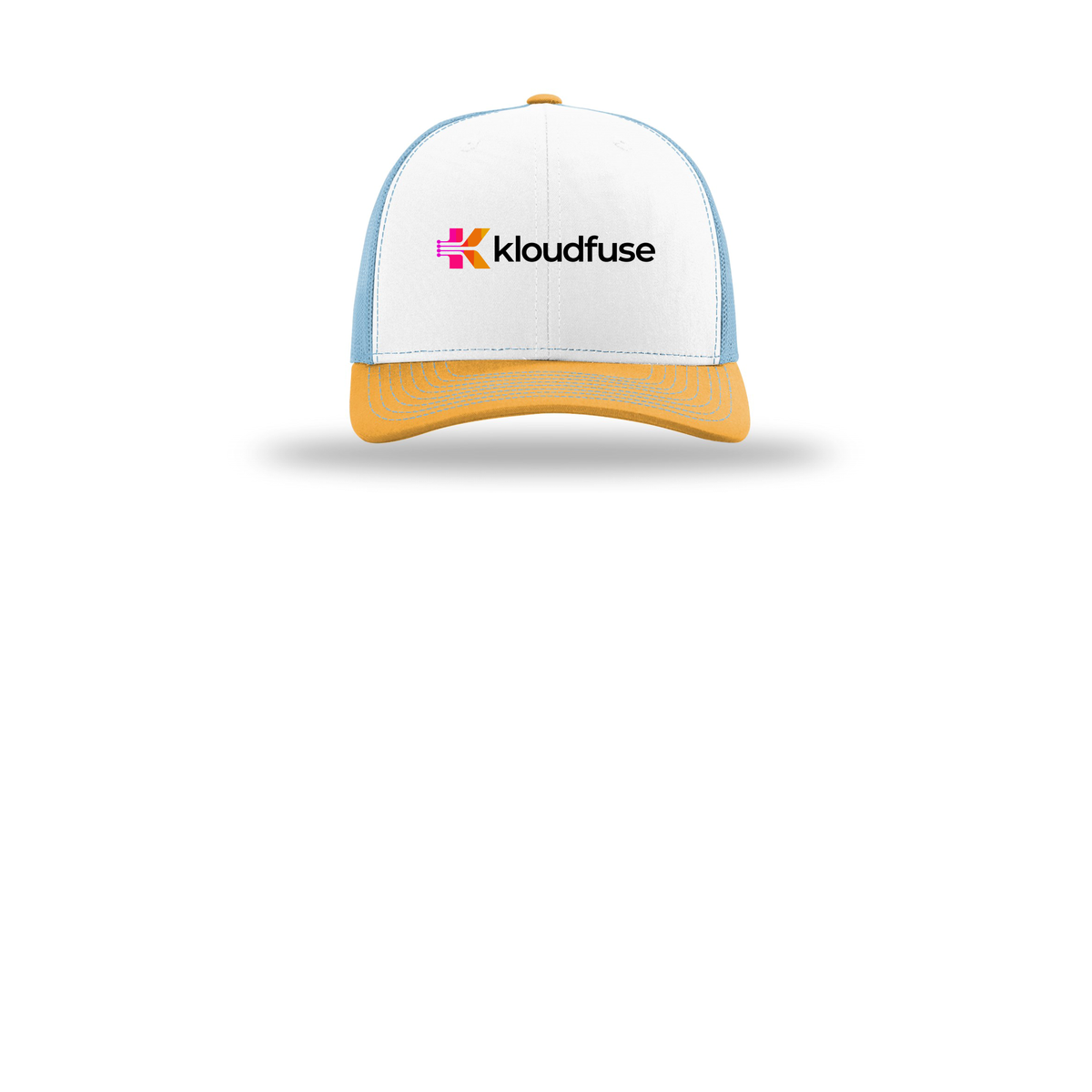 kloudfuse-richardson-trucker-cap-embroidery-capfront-R112-whitecolumbiablueyellow-flat-front