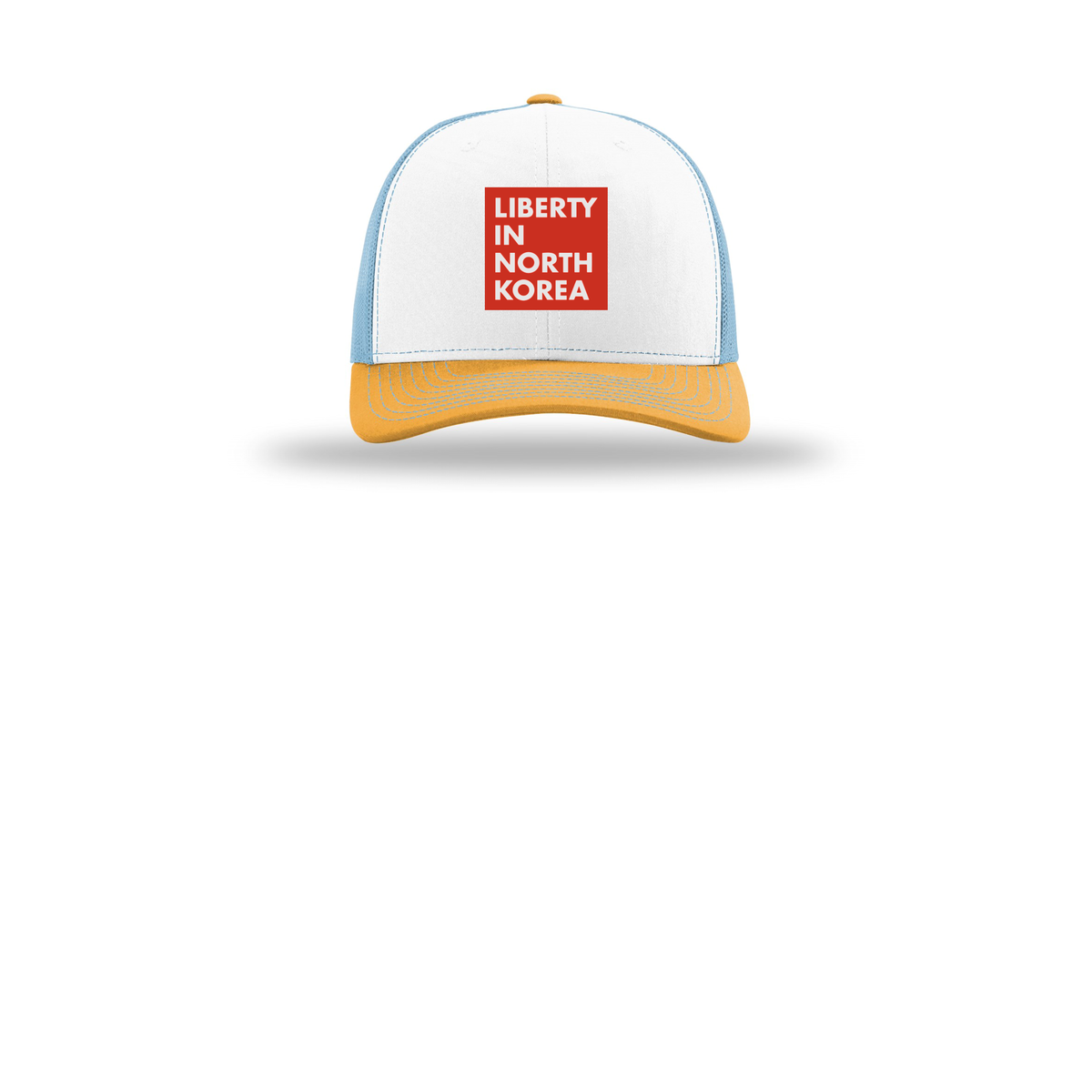 libertyinnorthkorea-richardson-trucker-cap-embroidery-capfront-R112-whitecolumbiablueyellow-flat-front