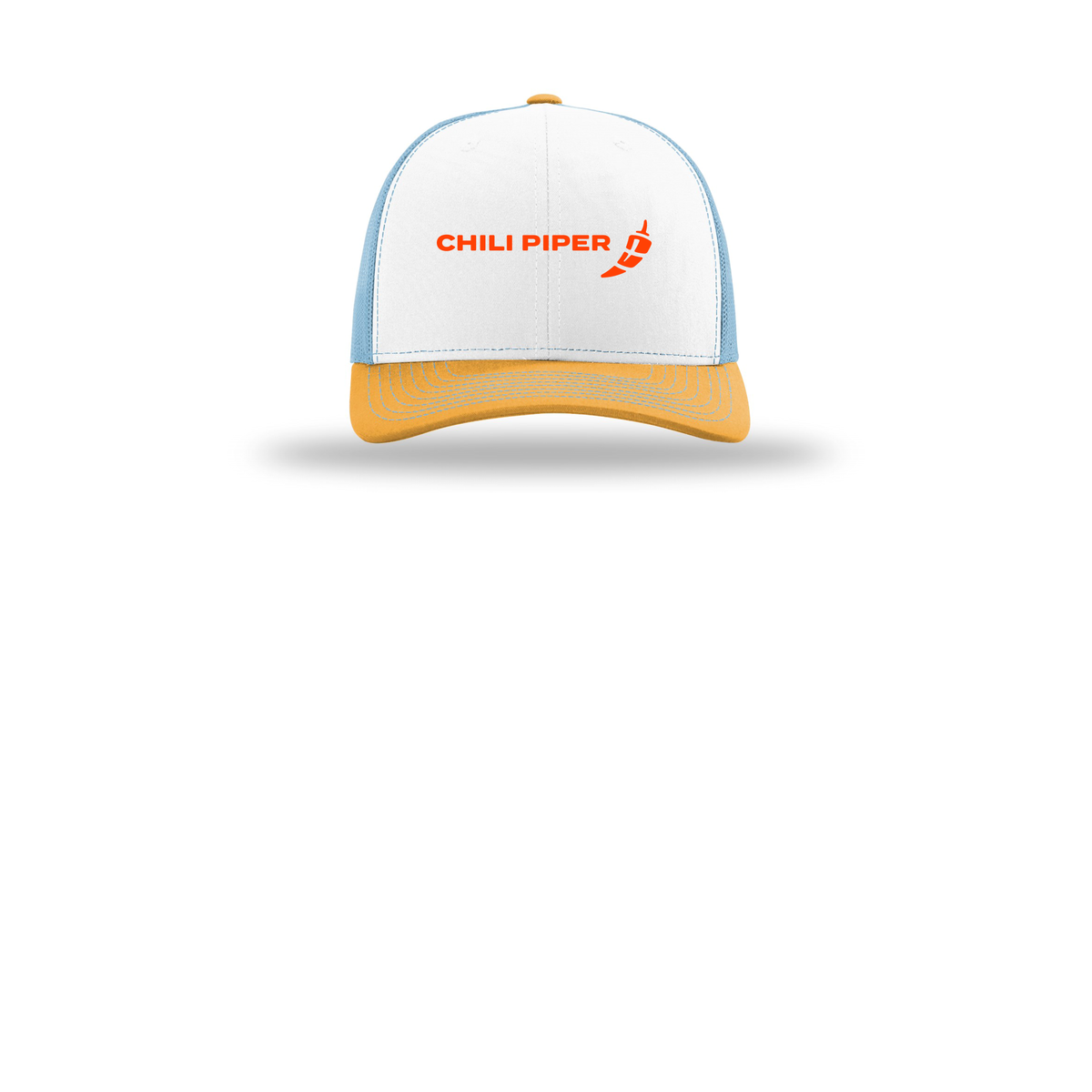 chilipiper-richardson-trucker-cap-embroidery-capfront-R112-whitecolumbiablueyellow-flat-front