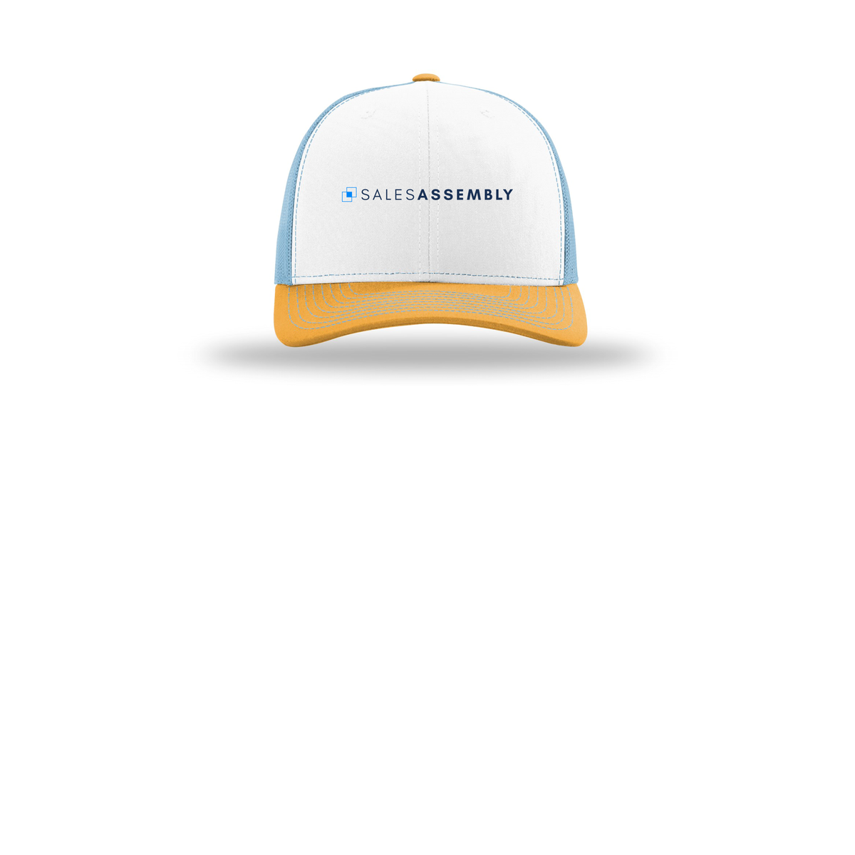 salesassembly-richardson-trucker-cap-embroidery-capfront-R112-whitecolumbiablueyellow-flat-front
