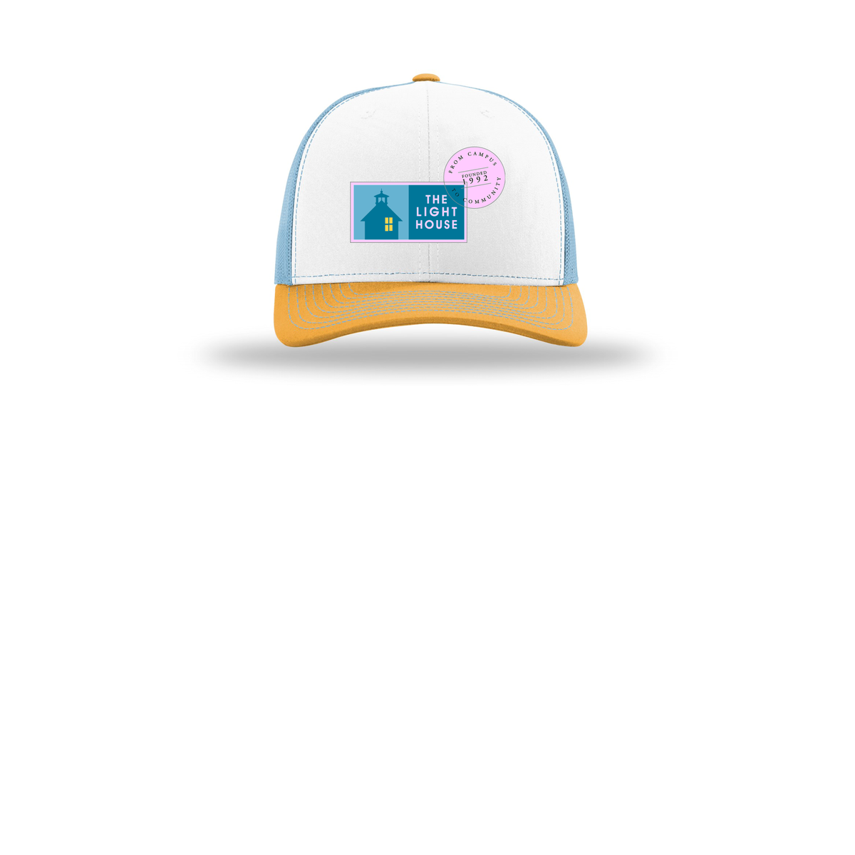 lhcampus-richardson-trucker-cap-embroidery-capfront-R112-whitecolumbiablueyellow-flat-front