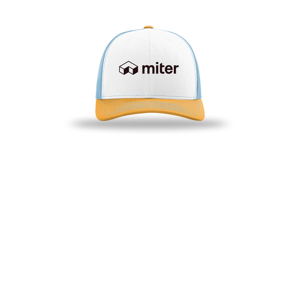 miter-richardson-trucker-cap-embroidery-capfront-R112-whitecolumbiablueyellow-flat-front