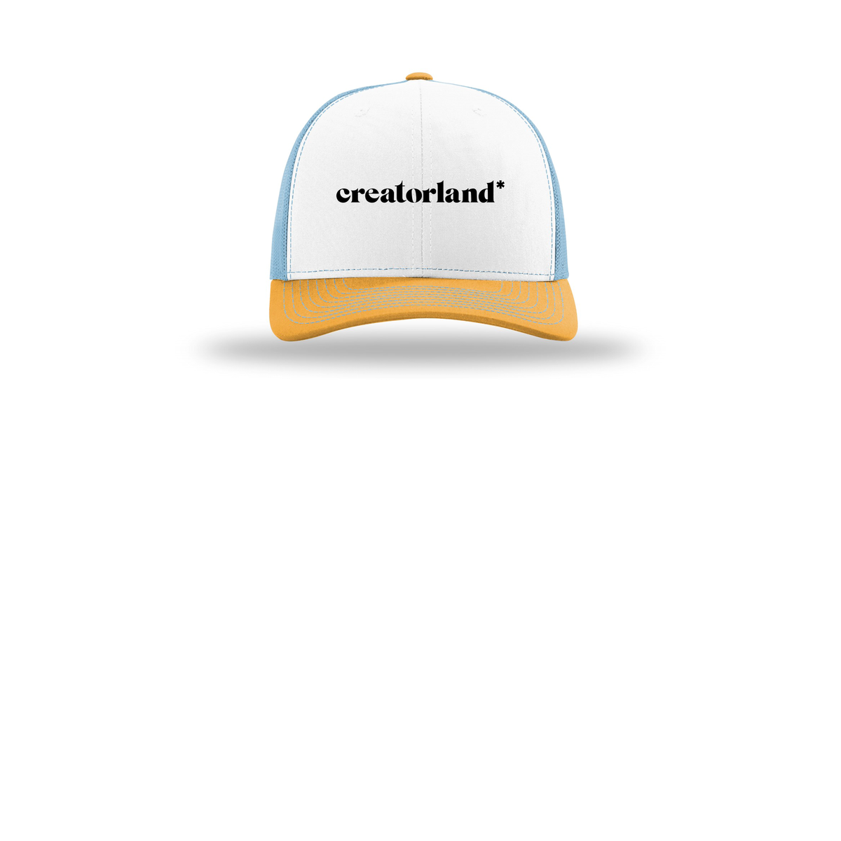 creatorland-richardson-trucker-cap-embroidery-capfront-R112-whitecolumbiablueyellow-flat-front