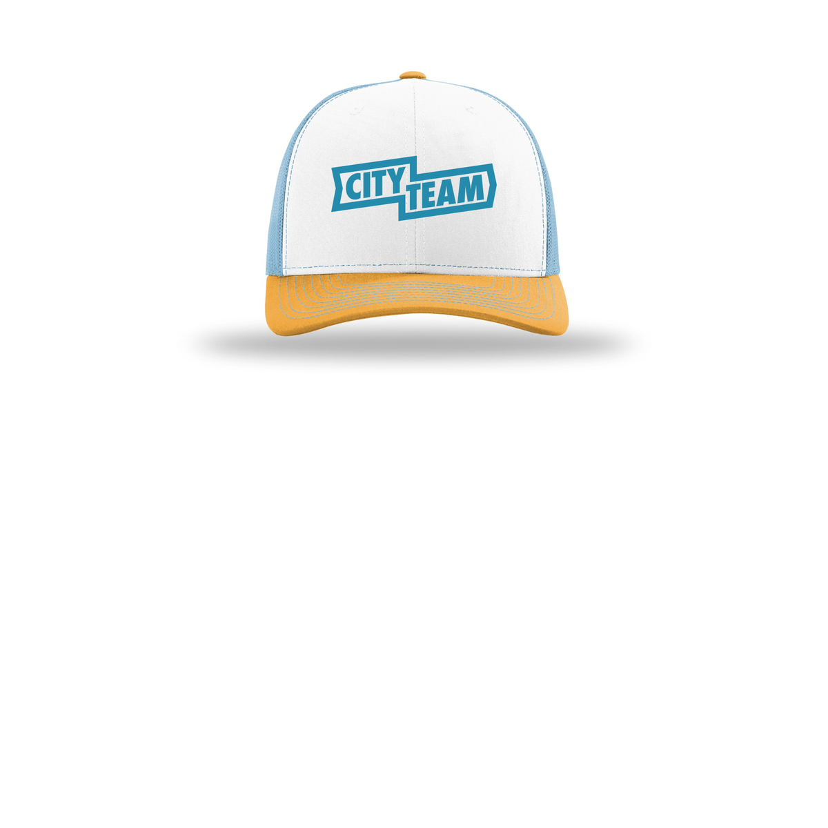 cityteam-richardson-trucker-cap-embroidery-capfront-R112-whitecolumbiablueyellow-flat-front