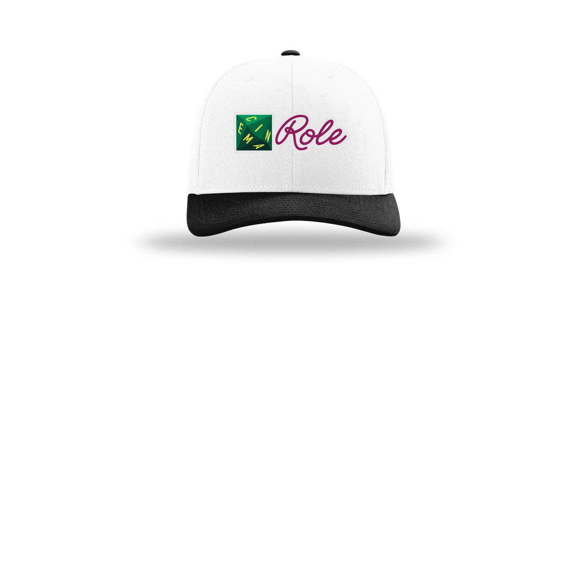 cinemarole-richardson-trucker-cap-embroidery-capfront-R112-whitewhiteblack-flat-front