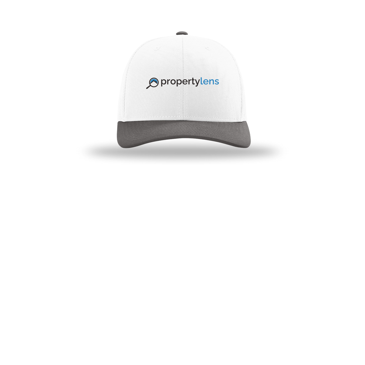 propertylens-richardson-trucker-cap-embroidery-capfront-R112-whitewhitecharcoal-flat-front