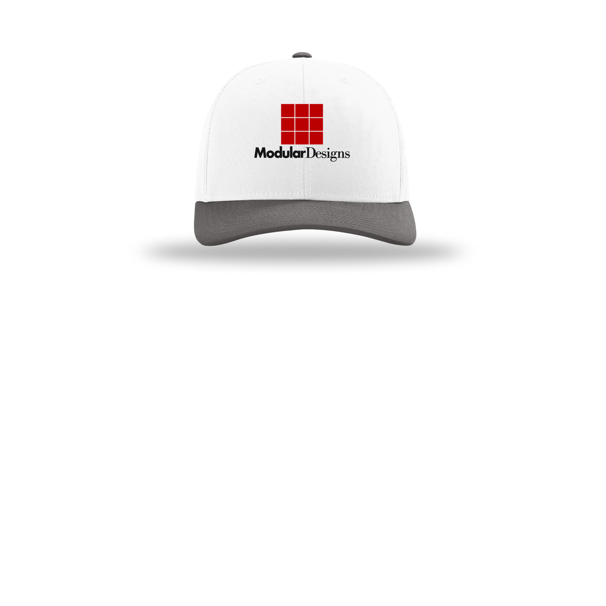 modulardesignsflooring-richardson-trucker-cap-embroidery-capfront-R112-whitewhitecharcoal-flat-front