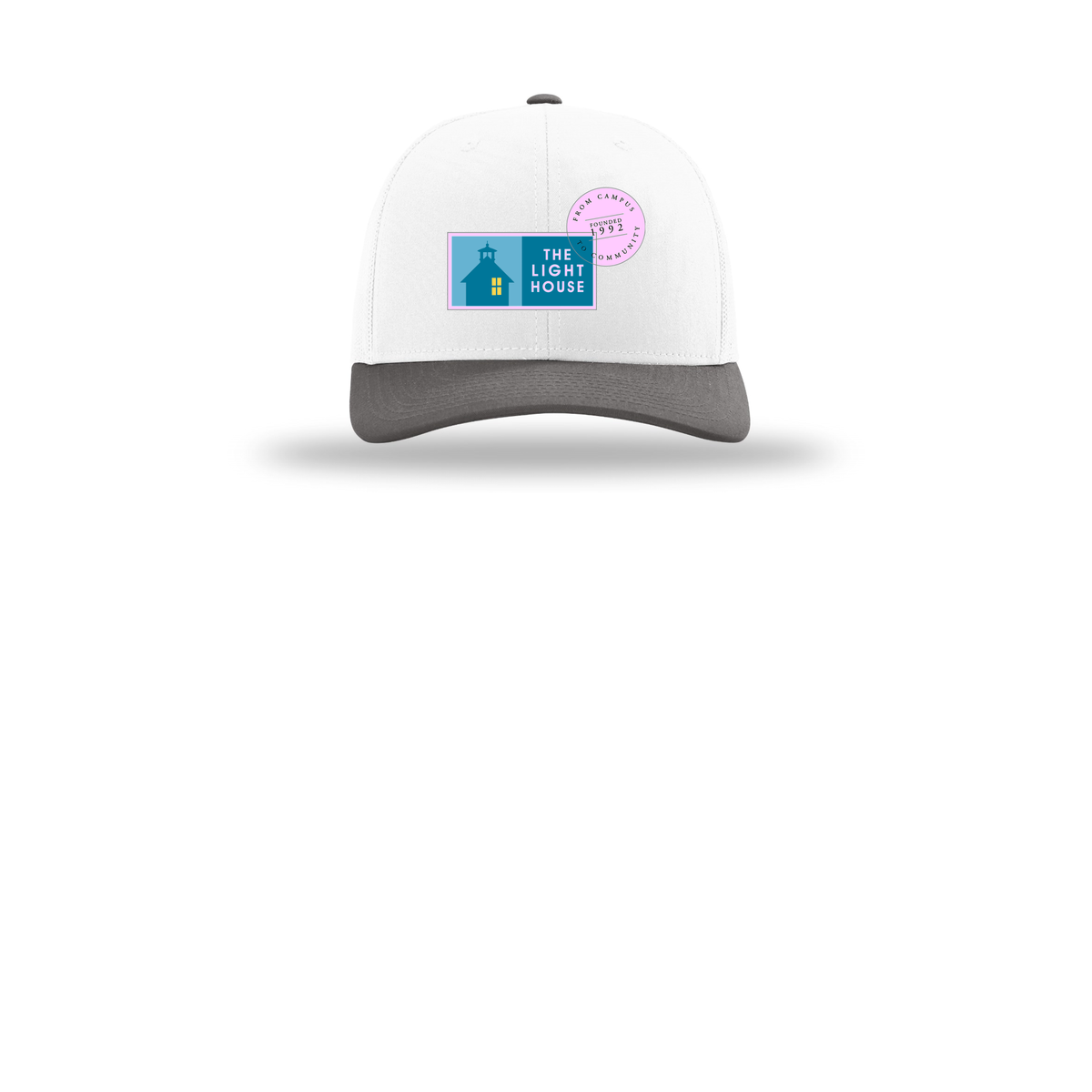 lhcampus-richardson-trucker-cap-embroidery-capfront-R112-whitewhitecharcoal-flat-front