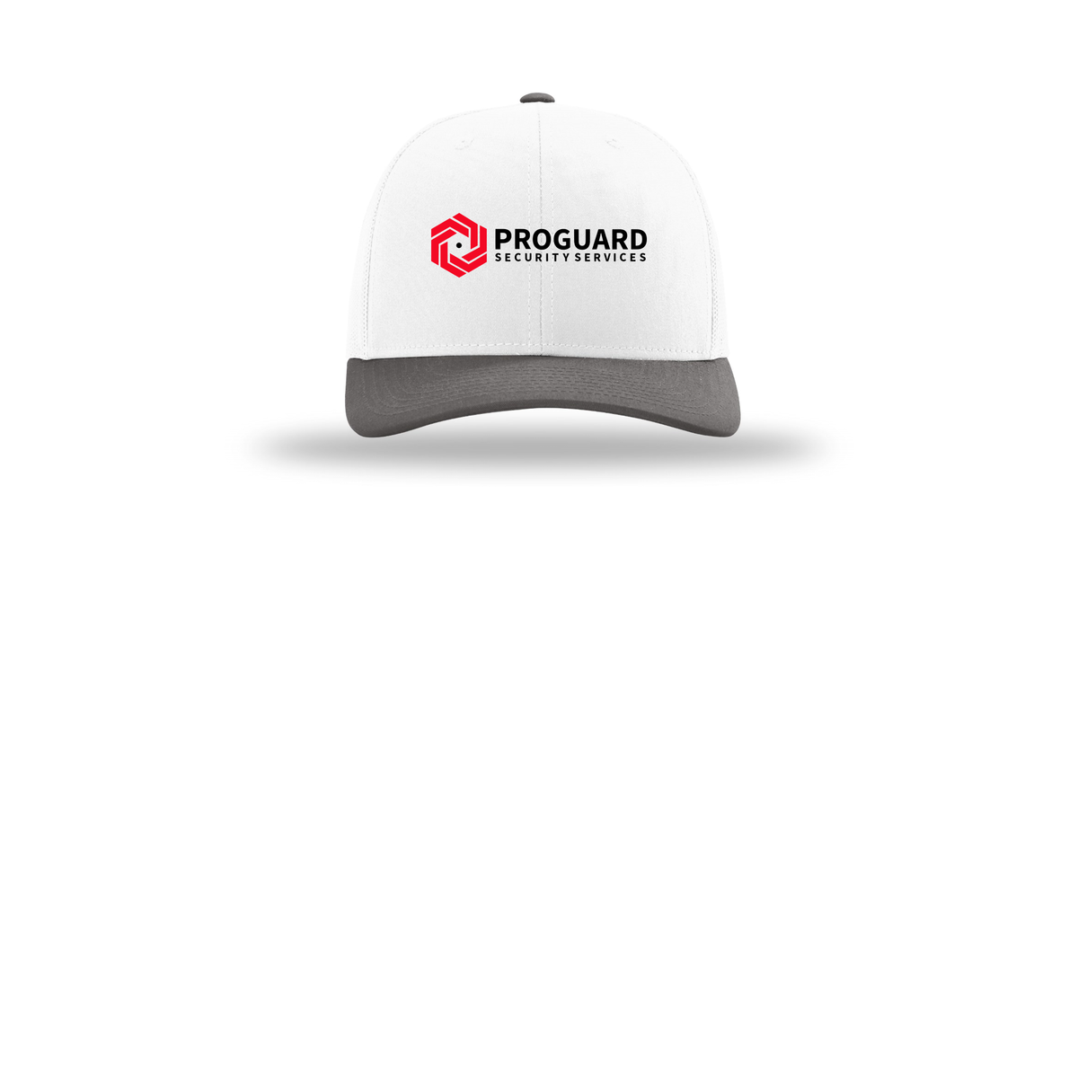 proguardsecurityservices-richardson-trucker-cap-embroidery-capfront-R112-whitewhitecharcoal-flat-front