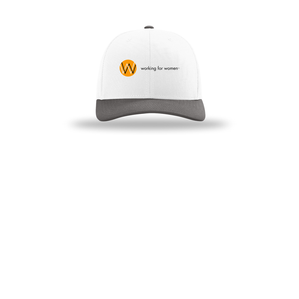 workingforwomen-richardson-trucker-cap-embroidery-capfront-R112-whitewhitecharcoal-flat-front