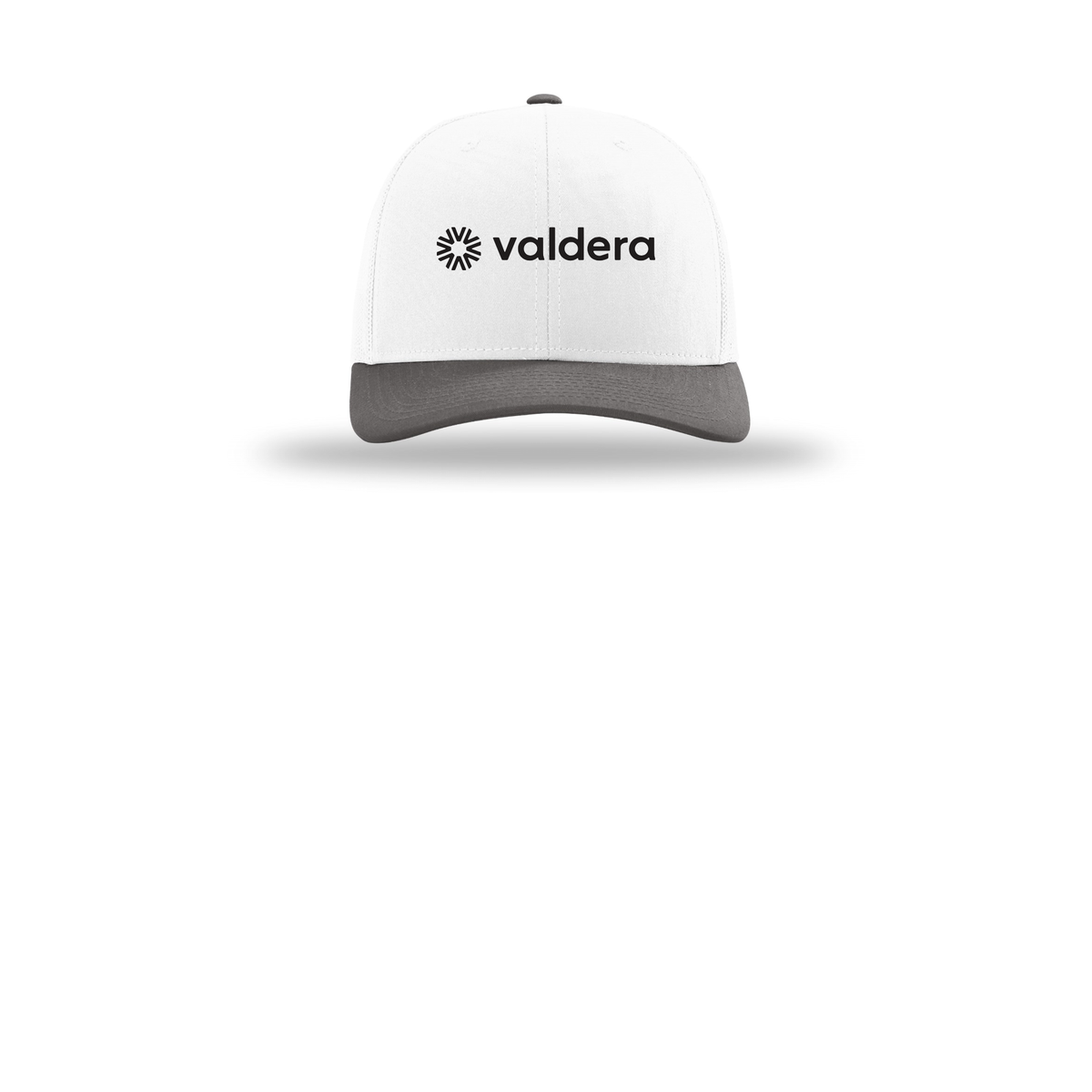 valdera-richardson-trucker-cap-embroidery-capfront-R112-whitewhitecharcoal-flat-front