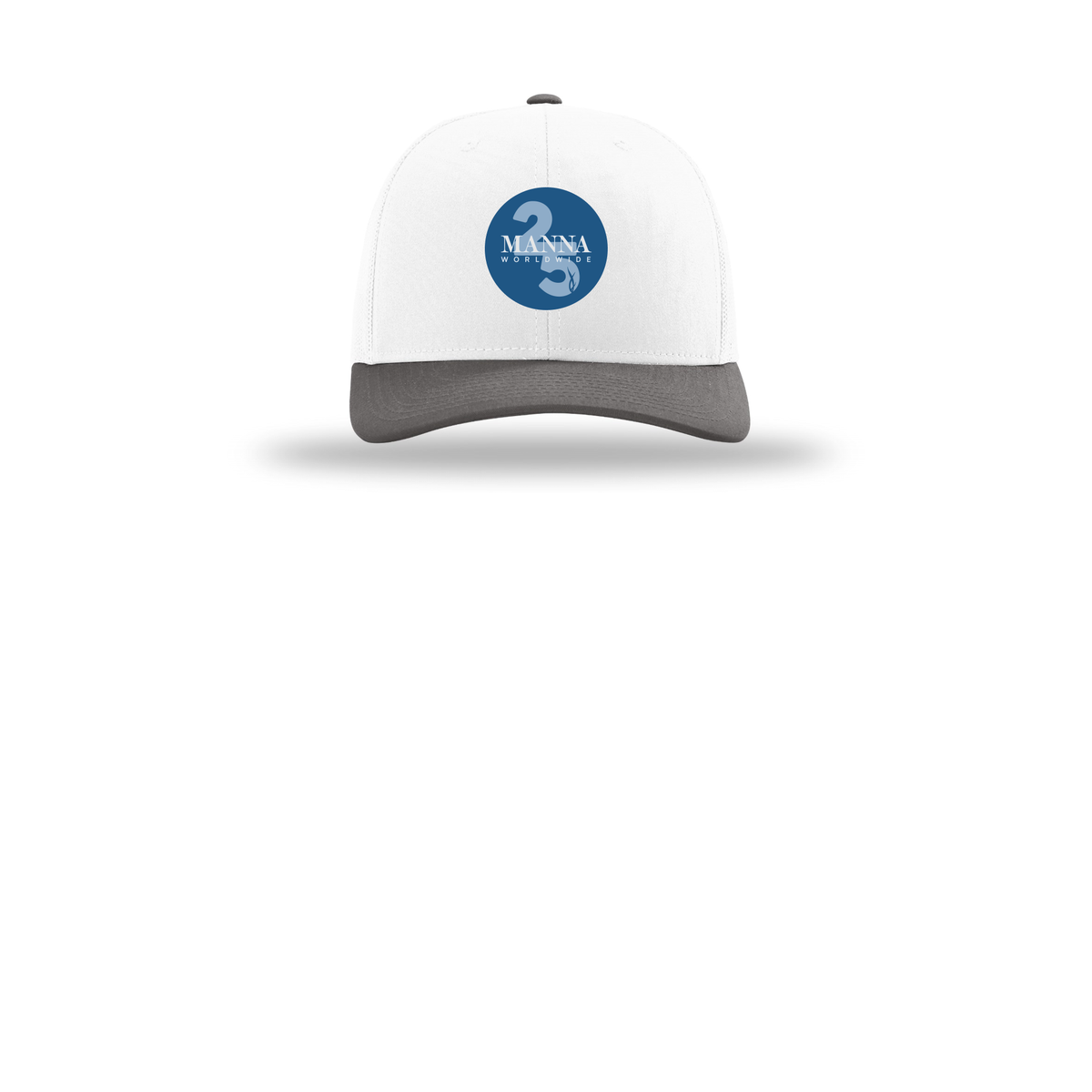 mannaworldwide-richardson-trucker-cap-embroidery-capfront-R112-whitewhitecharcoal-flat-front