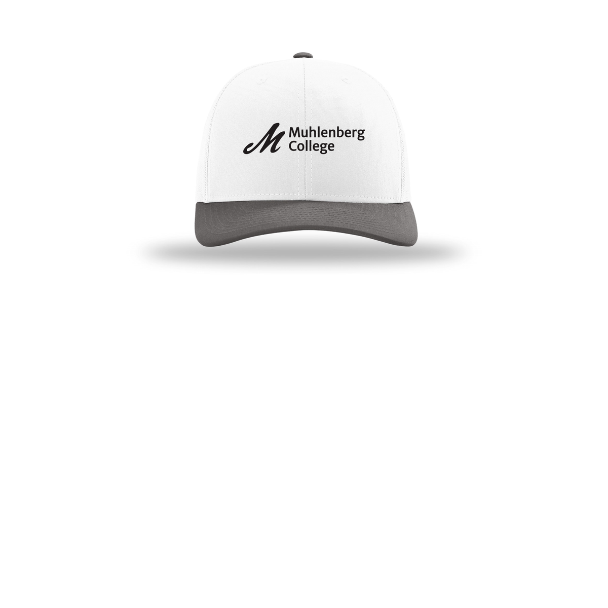 muhlenberg-richardson-trucker-cap-embroidery-capfront-R112-whitewhitecharcoal-flat-front