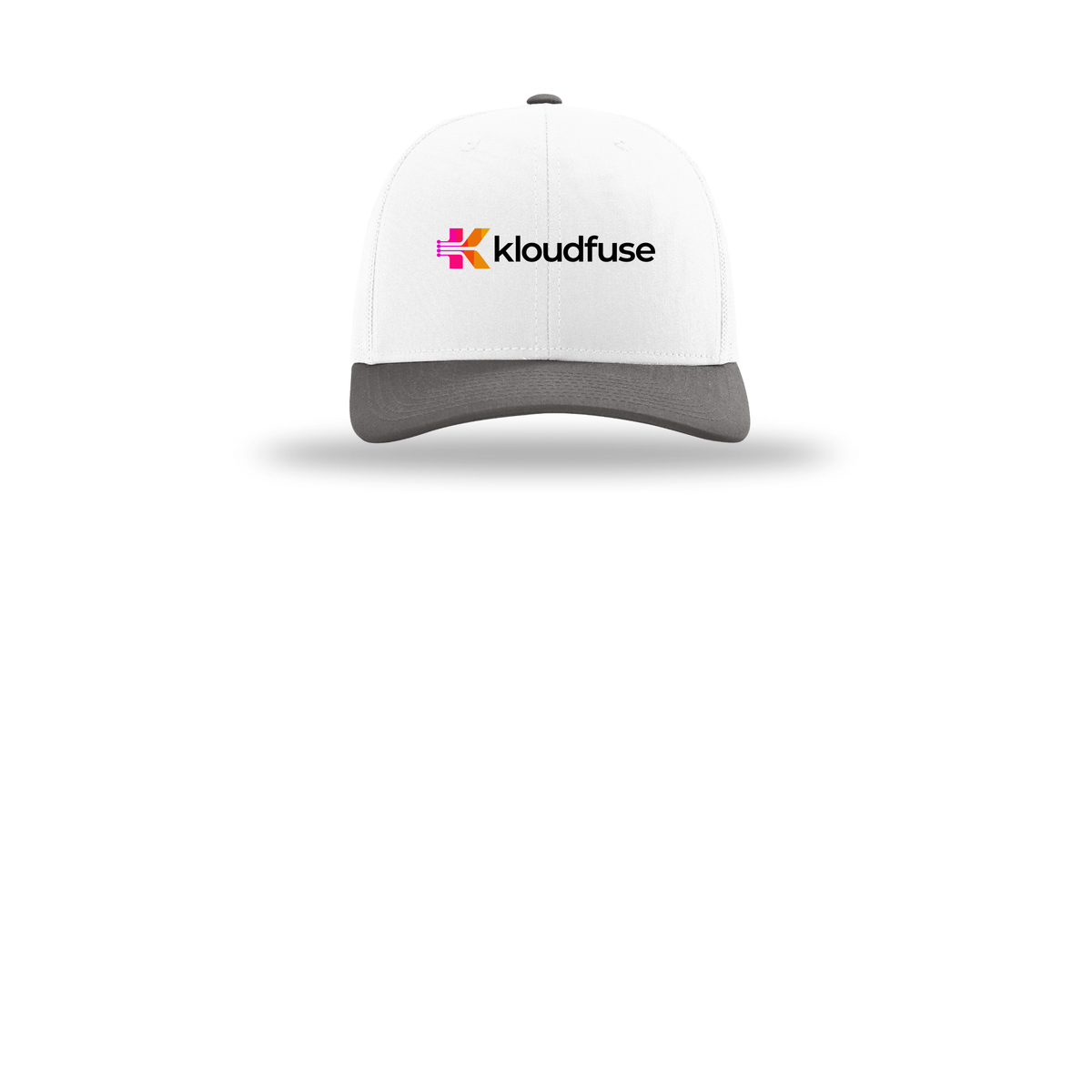 kloudfuse-richardson-trucker-cap-embroidery-capfront-R112-whitewhitecharcoal-flat-front
