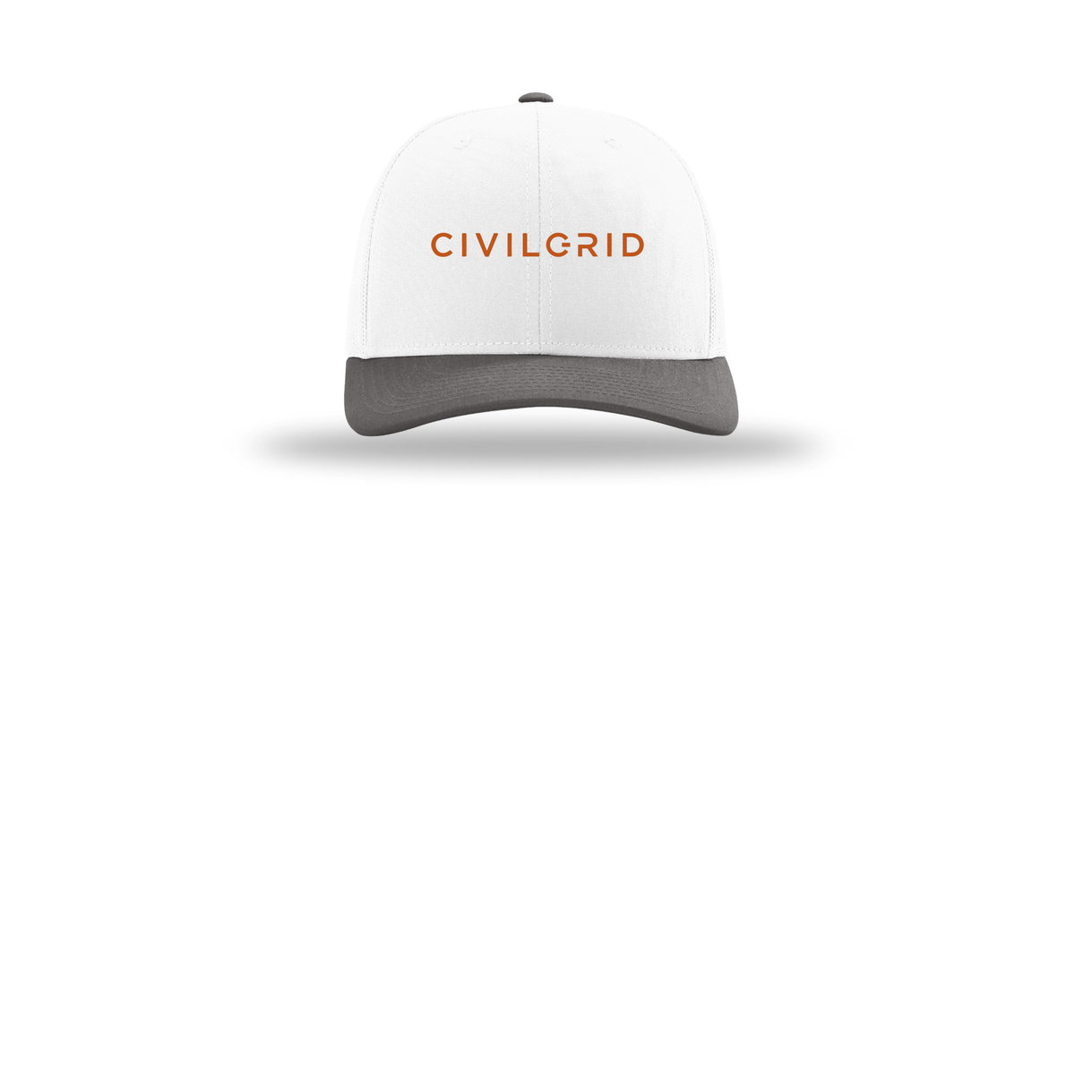 civilgrid-richardson-trucker-cap-embroidery-capfront-R112-whitewhitecharcoal-flat-front