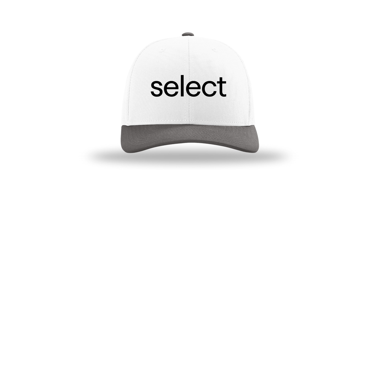 meetselect-richardson-trucker-cap-embroidery-capfront-R112-whitewhitecharcoal-flat-front