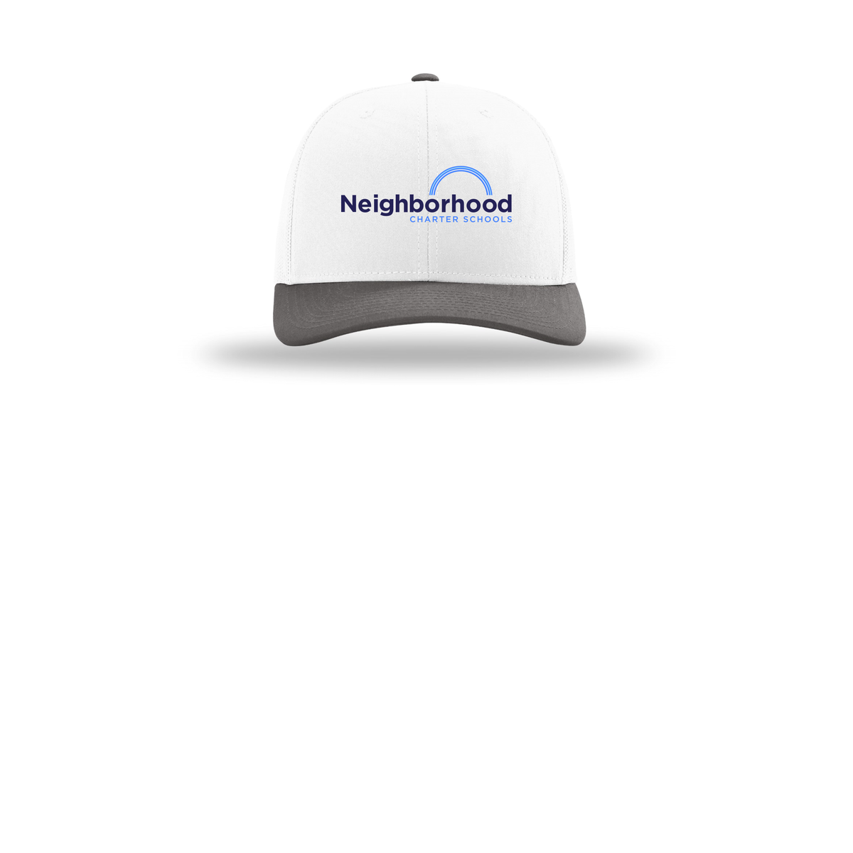ncschools-richardson-trucker-cap-embroidery-capfront-R112-whitewhitecharcoal-flat-front