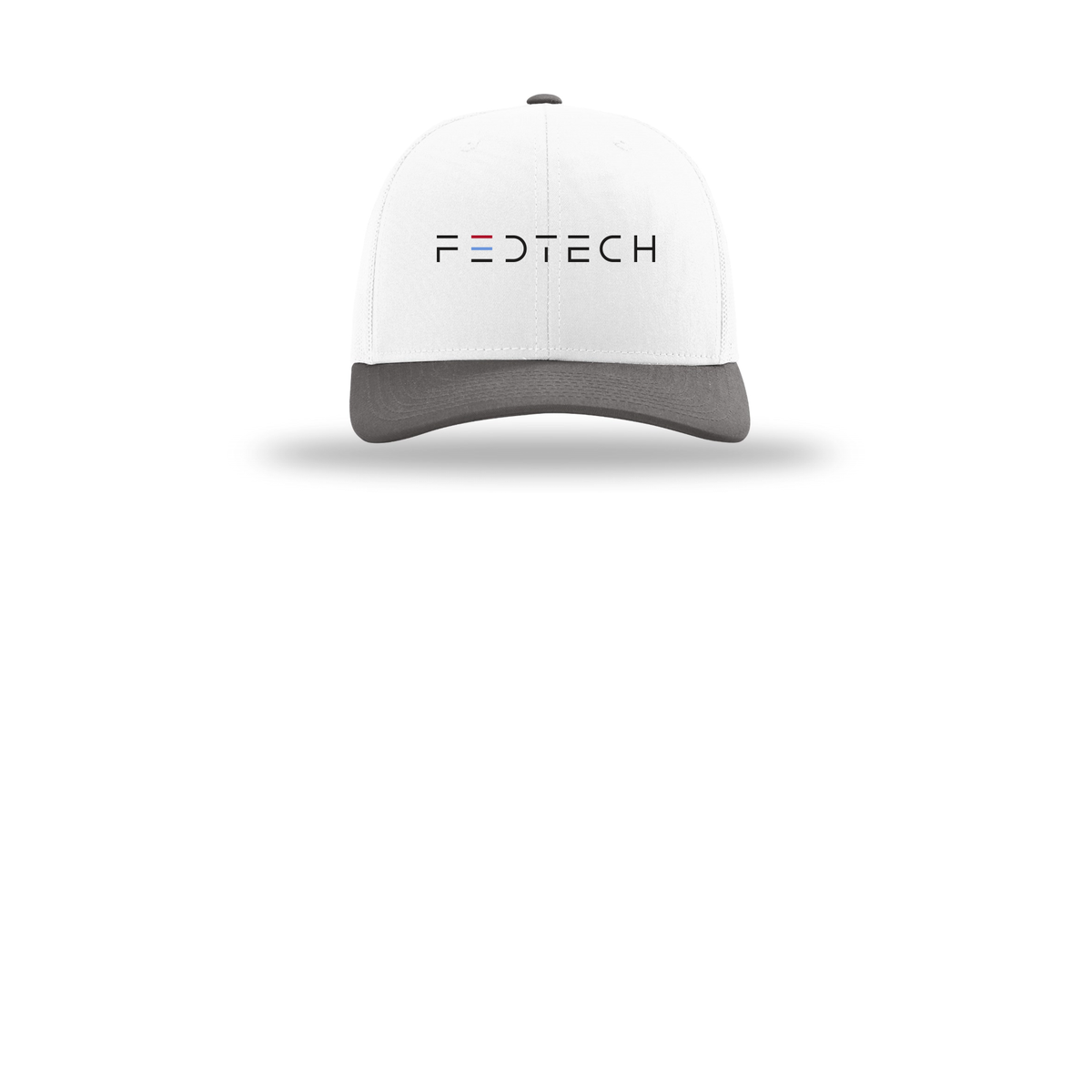 fedtech-richardson-trucker-cap-embroidery-capfront-R112-whitewhitecharcoal-flat-front