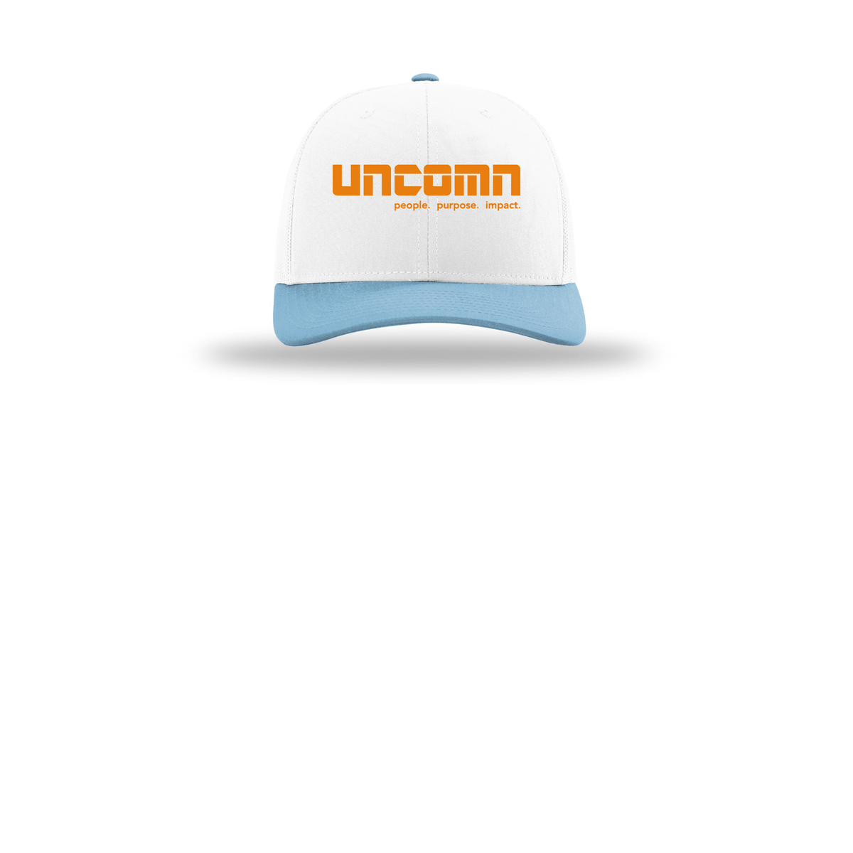 uncomn-richardson-trucker-cap-embroidery-capfront-R112-whitewhitecolumbiablue-flat-front