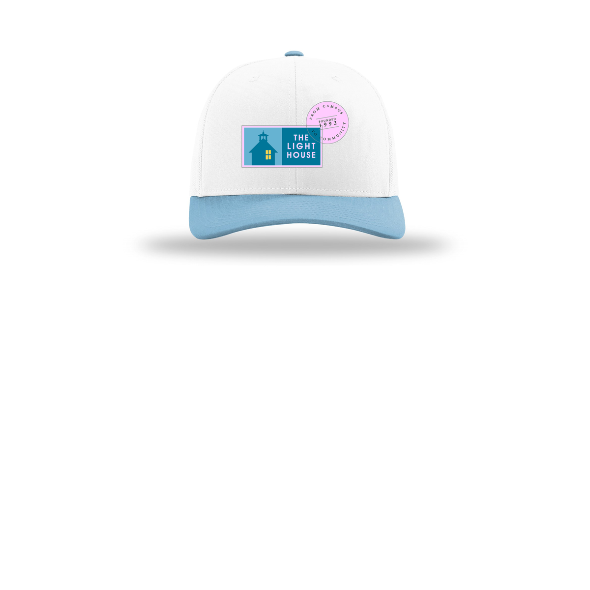lhcampus-richardson-trucker-cap-embroidery-capfront-R112-whitewhitecolumbiablue-flat-front