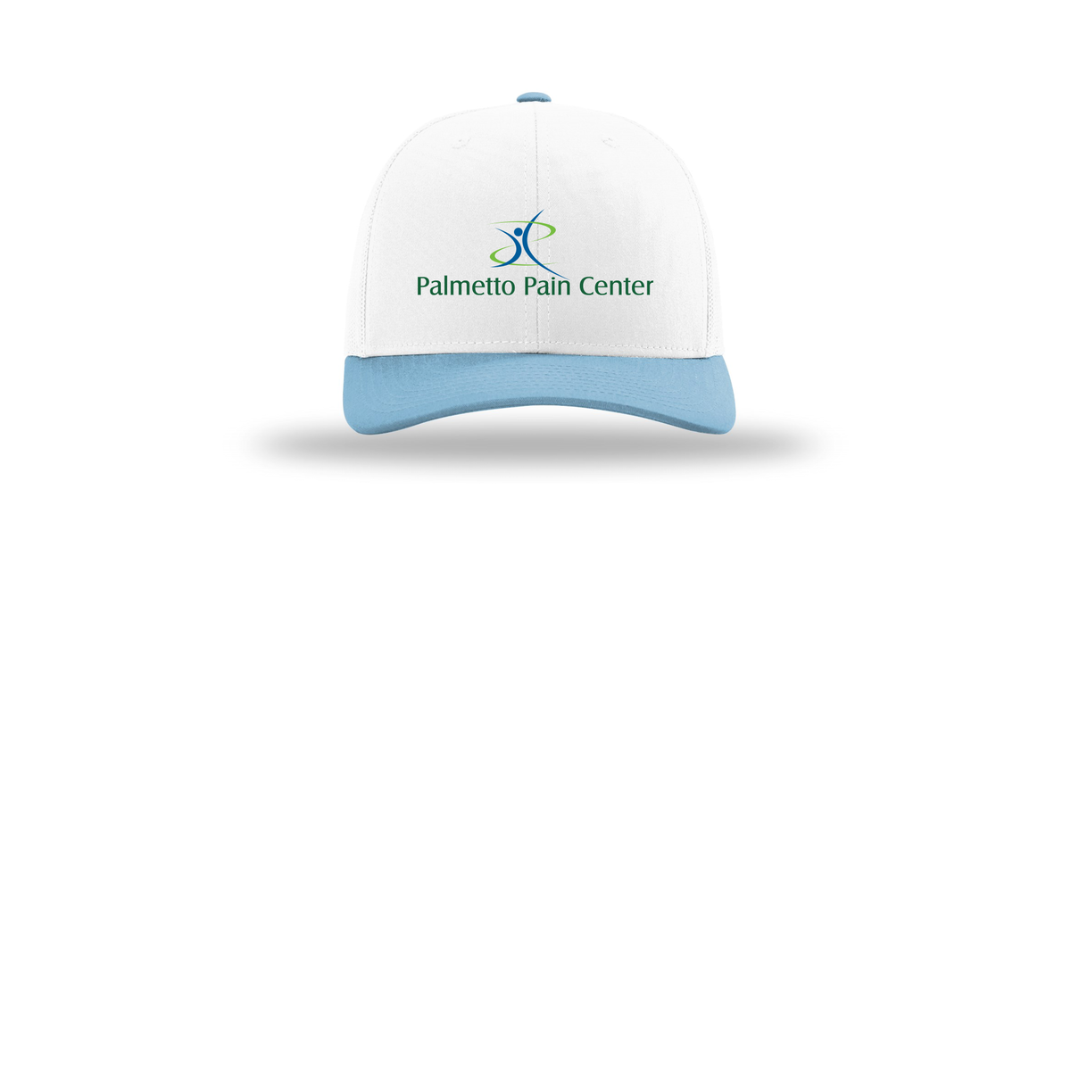 palmetto-pain-center-richardson-trucker-cap-embroidery-capfront-R112-whitewhitecolumbiablue-flat-front