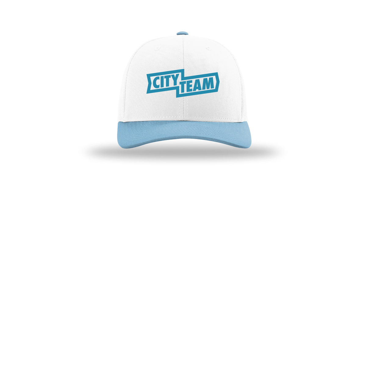 cityteam-richardson-trucker-cap-embroidery-capfront-R112-whitewhitecolumbiablue-flat-front
