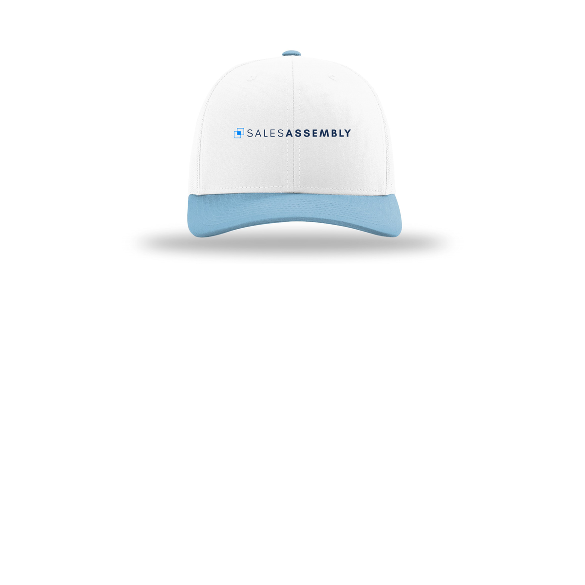 salesassembly-richardson-trucker-cap-embroidery-capfront-R112-whitewhitecolumbiablue-flat-front