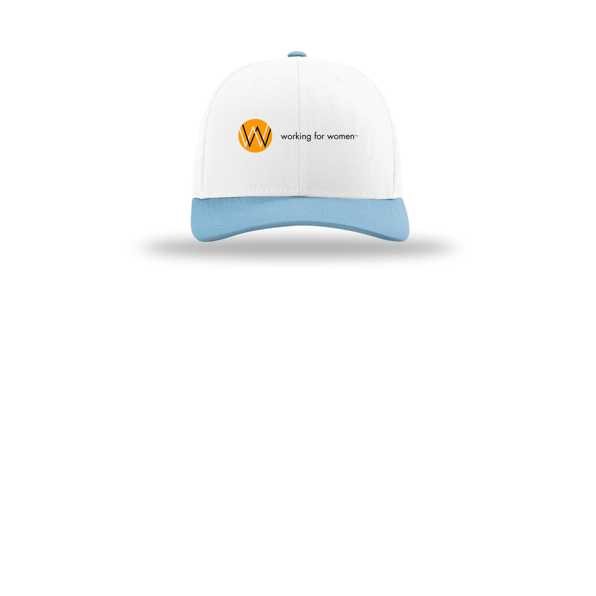 workingforwomen-richardson-trucker-cap-embroidery-capfront-R112-whitewhitecolumbiablue-flat-front