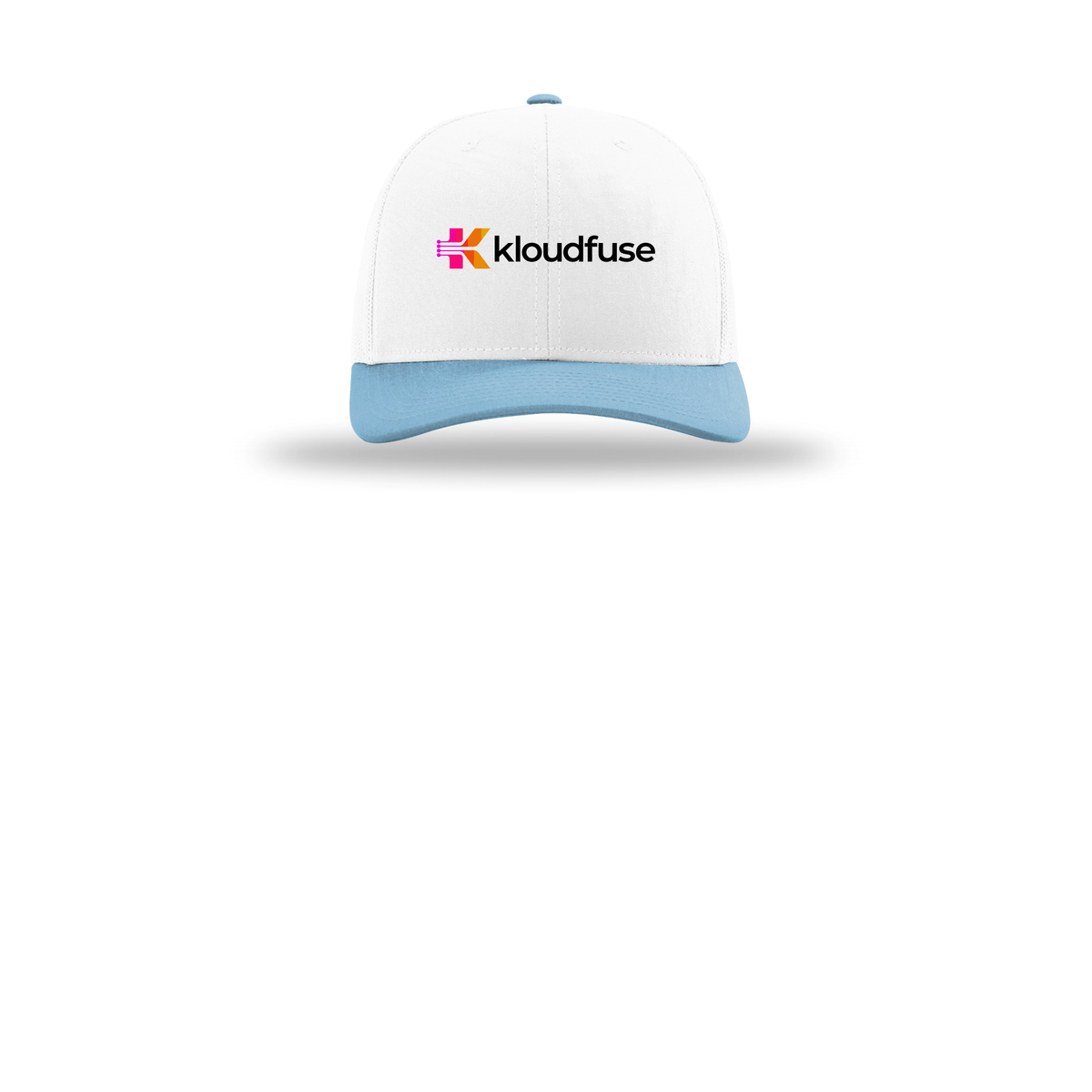 kloudfuse-richardson-trucker-cap-embroidery-capfront-R112-whitewhitecolumbiablue-flat-front
