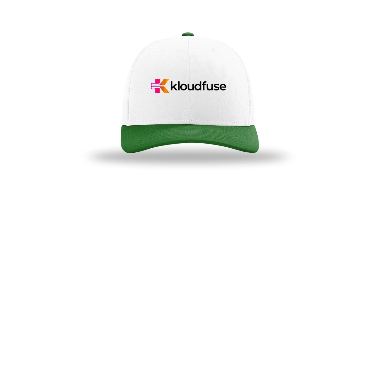 kloudfuse-richardson-trucker-cap-embroidery-capfront-R112-whitewhitekelly-flat-front