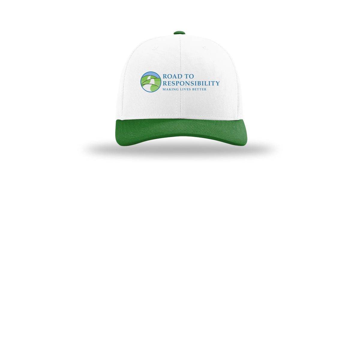 roadtoresponsibility-richardson-trucker-cap-embroidery-capfront-R112-whitewhitekelly-flat-front