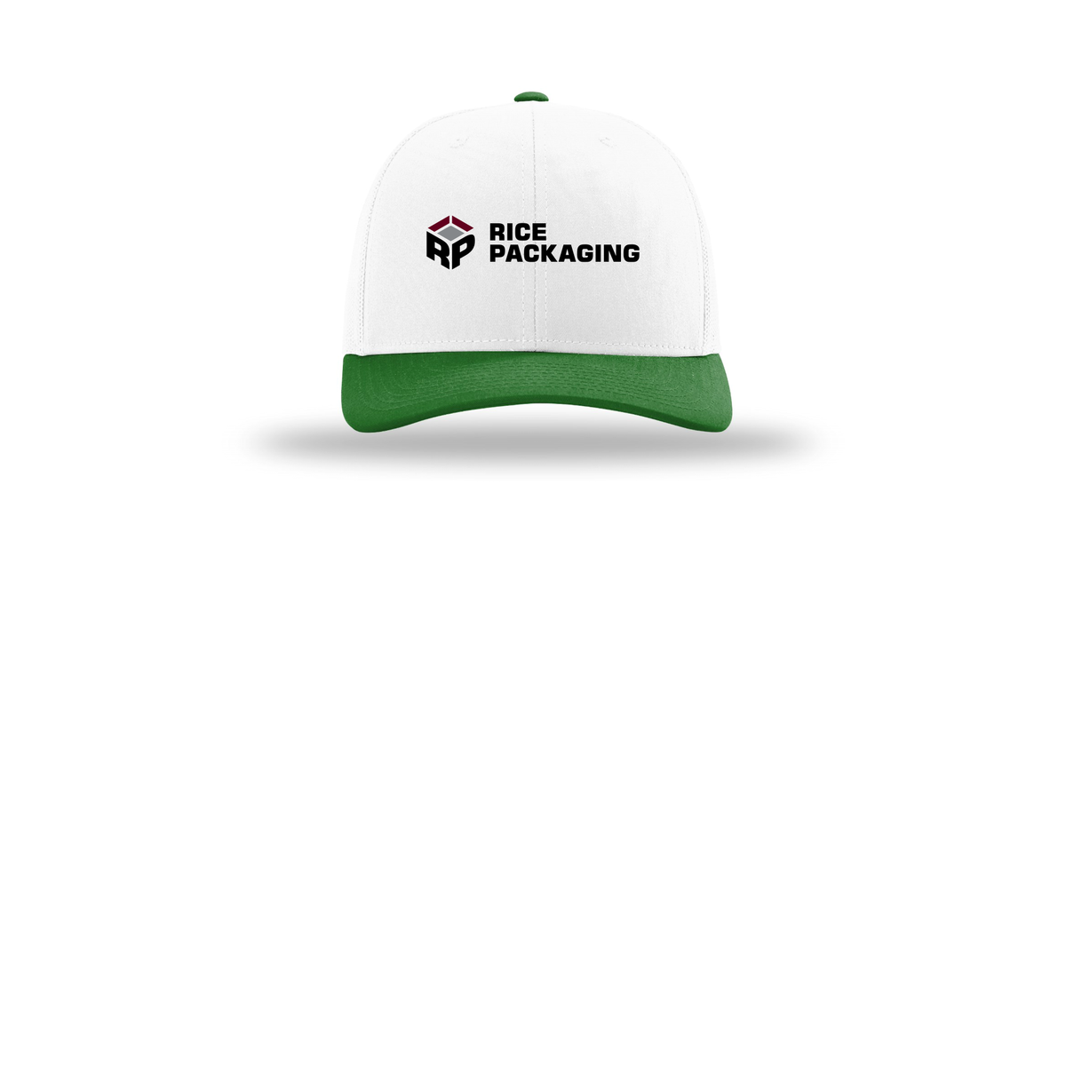 ricepackaging-richardson-trucker-cap-embroidery-capfront-R112-whitewhitekelly-flat-front