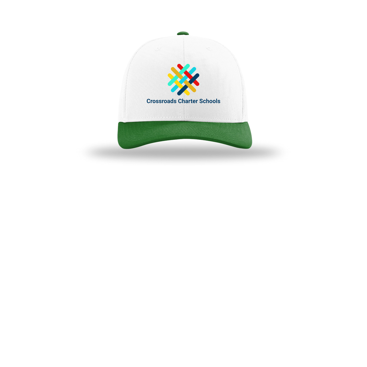 crossroadsschoolskc-richardson-trucker-cap-embroidery-capfront-R112-whitewhitekelly-flat-front