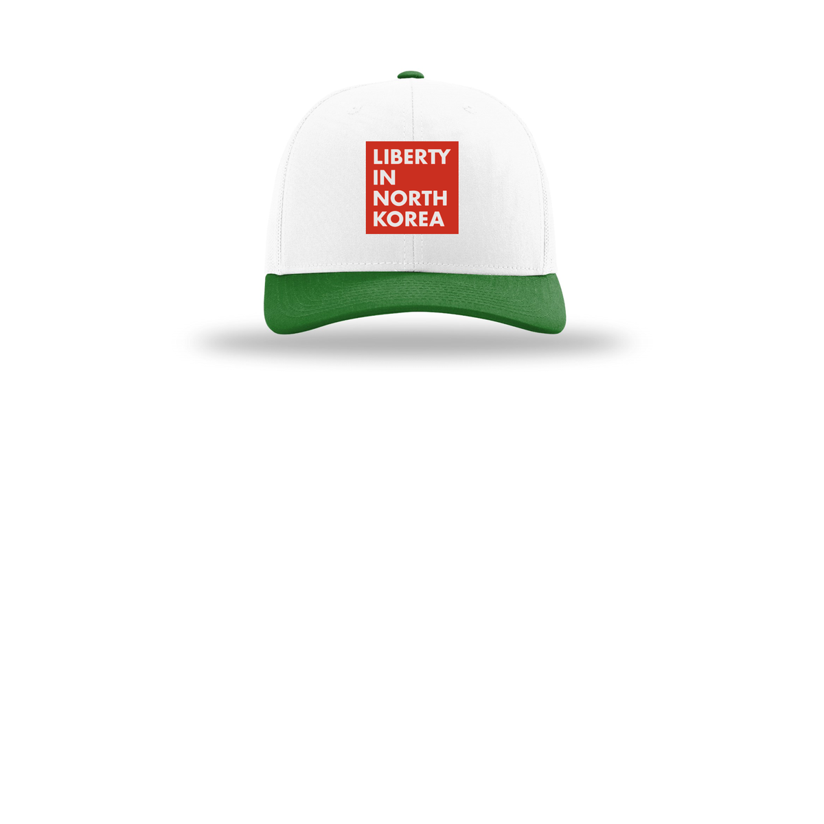 libertyinnorthkorea-richardson-trucker-cap-embroidery-capfront-R112-whitewhitekelly-flat-front