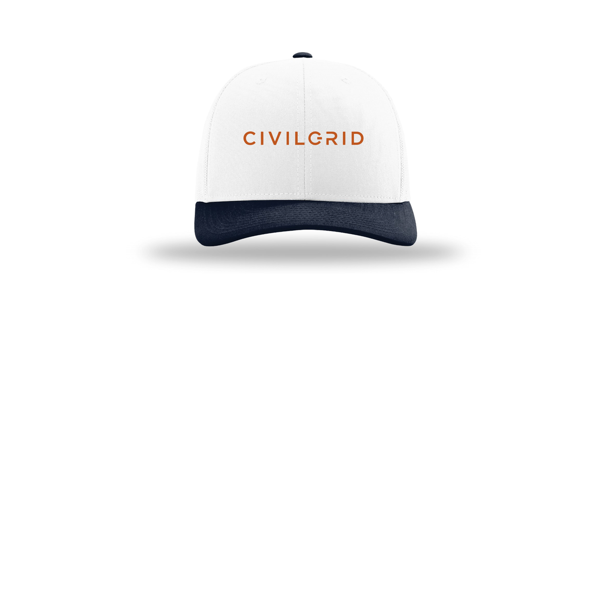 civilgrid-richardson-trucker-cap-embroidery-capfront-R112-whitewhitenavy-flat-front