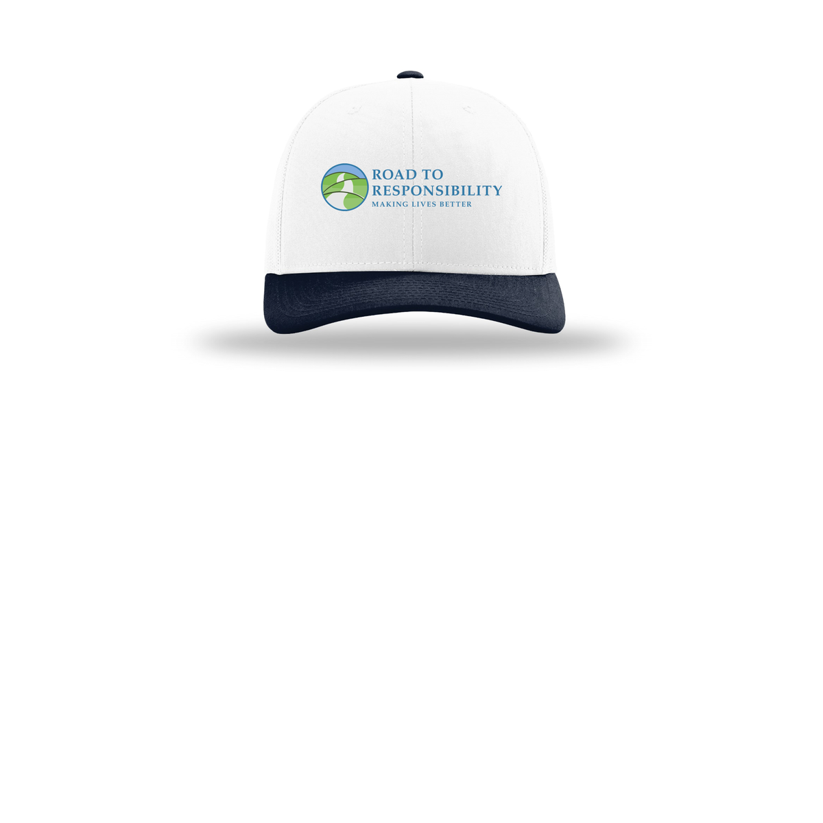 roadtoresponsibility-richardson-trucker-cap-embroidery-capfront-R112-whitewhitenavy-flat-front
