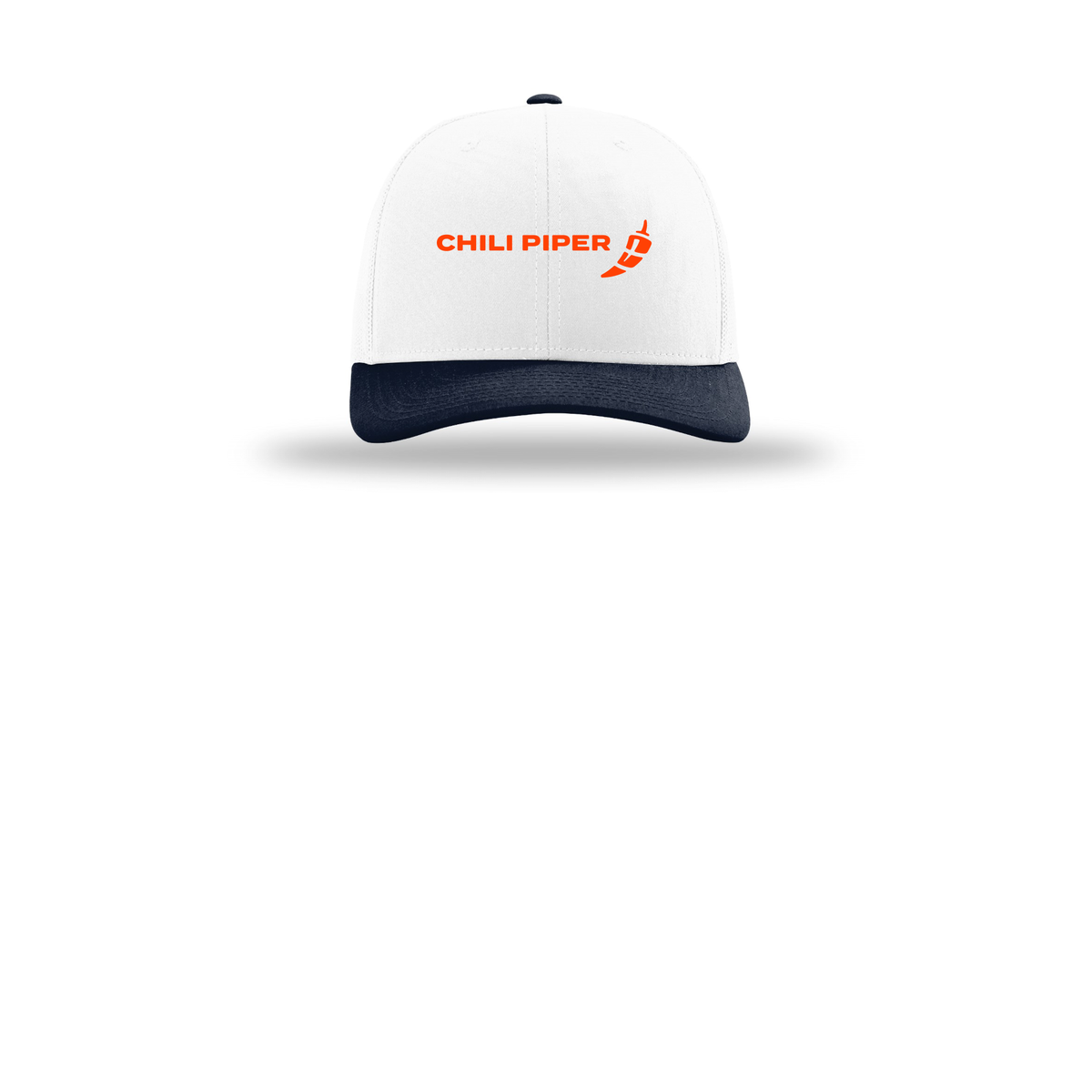 chilipiper-richardson-trucker-cap-embroidery-capfront-R112-whitewhitenavy-flat-front