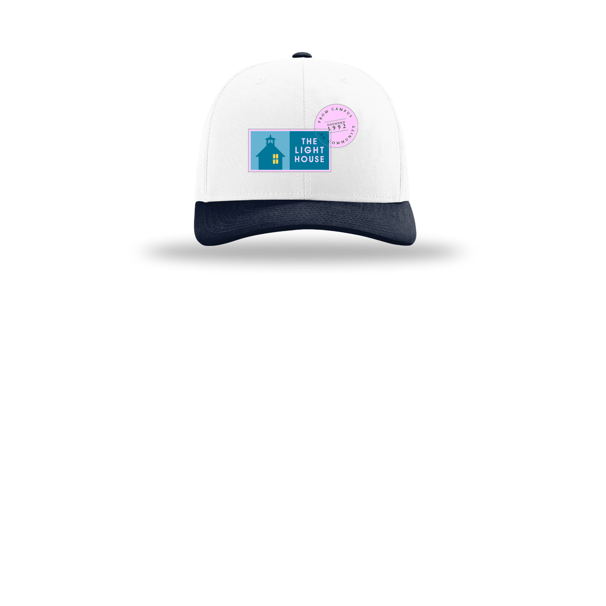 lhcampus-richardson-trucker-cap-embroidery-capfront-R112-whitewhitenavy-flat-front