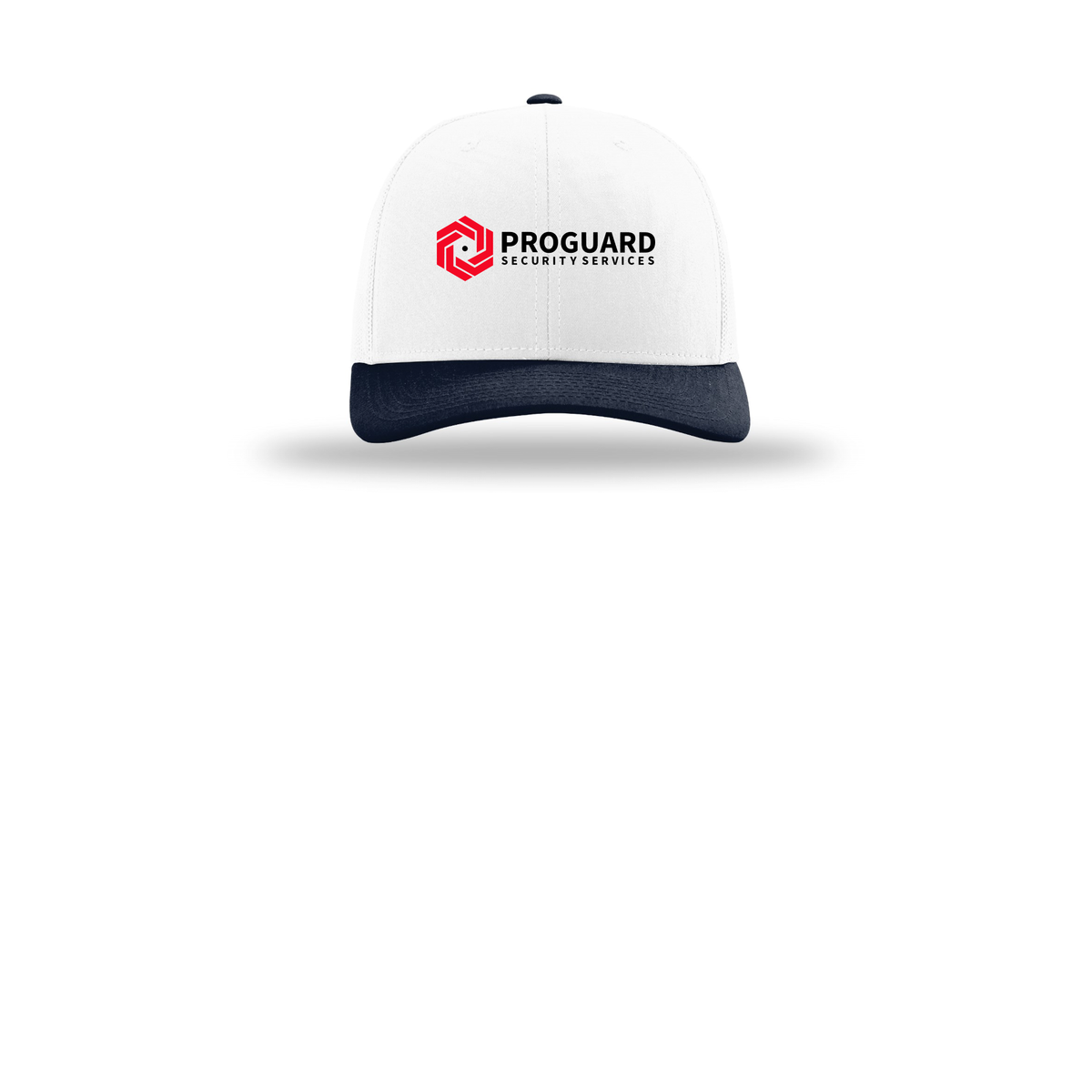 proguardsecurityservices-richardson-trucker-cap-embroidery-capfront-R112-whitewhitenavy-flat-front