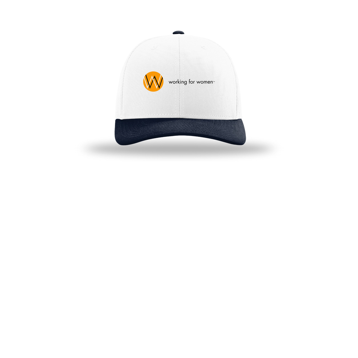 workingforwomen-richardson-trucker-cap-embroidery-capfront-R112-whitewhitenavy-flat-front