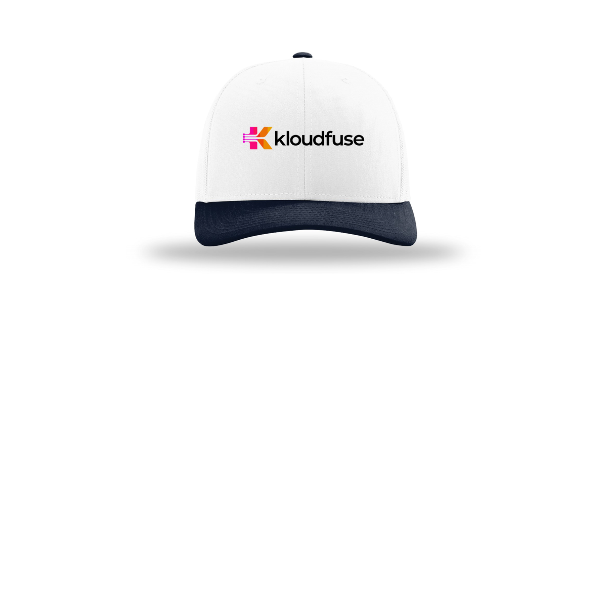 kloudfuse-richardson-trucker-cap-embroidery-capfront-R112-whitewhitenavy-flat-front