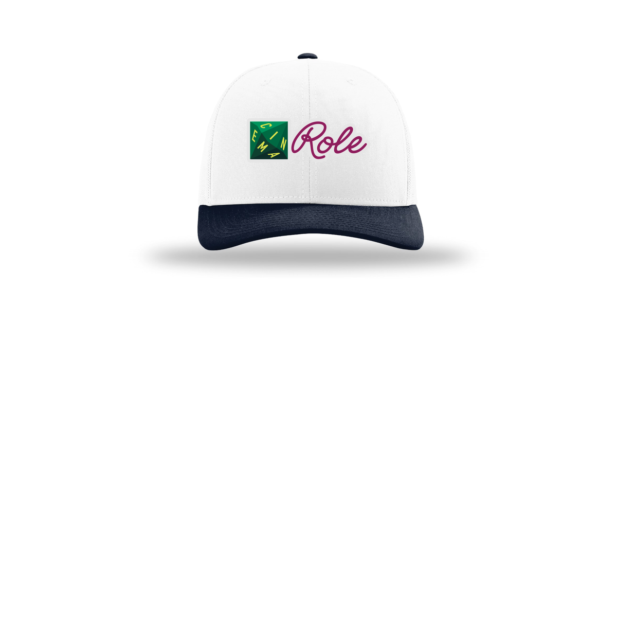 cinemarole-richardson-trucker-cap-embroidery-capfront-R112-whitewhitenavy-flat-front