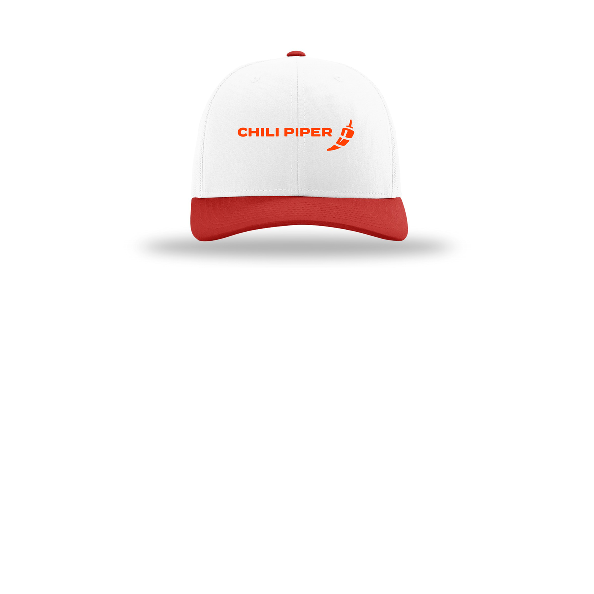 chilipiper-richardson-trucker-cap-embroidery-capfront-R112-whitewhitered-flat-front