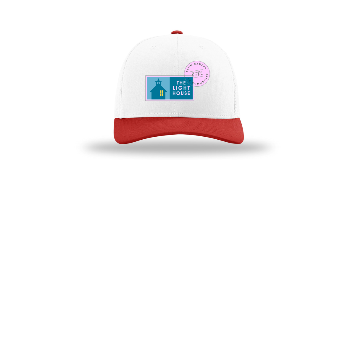 lhcampus-richardson-trucker-cap-embroidery-capfront-R112-whitewhitered-flat-front
