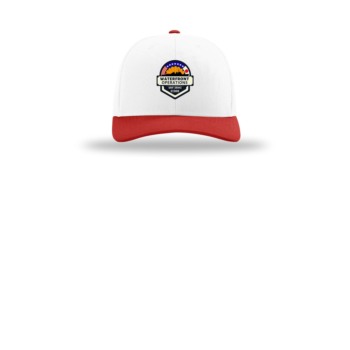waterfront-operations-retro-trucker-cap-embroidery-capfront-R112-whitewhitered-flat-front