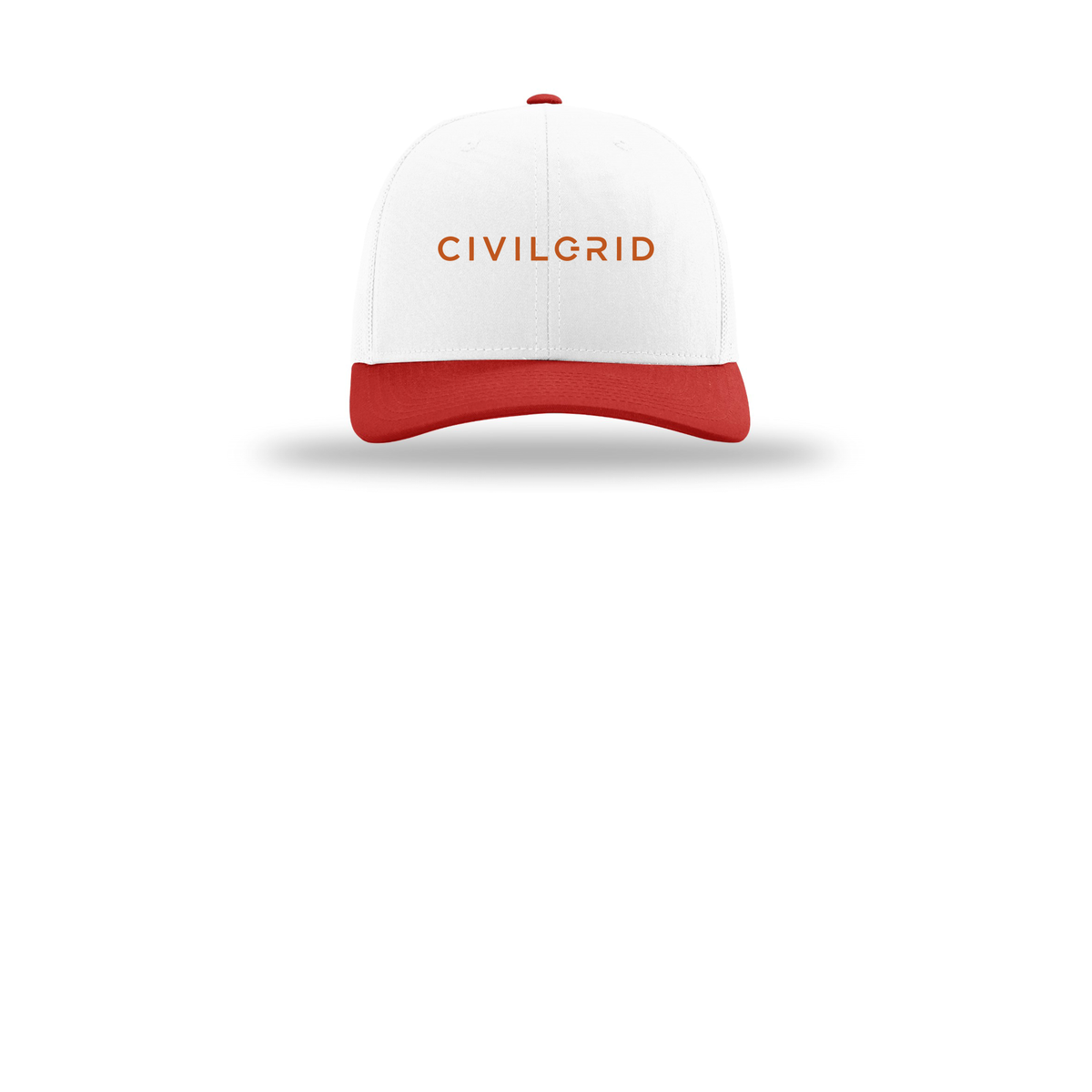 civilgrid-richardson-trucker-cap-embroidery-capfront-R112-whitewhitered-flat-front