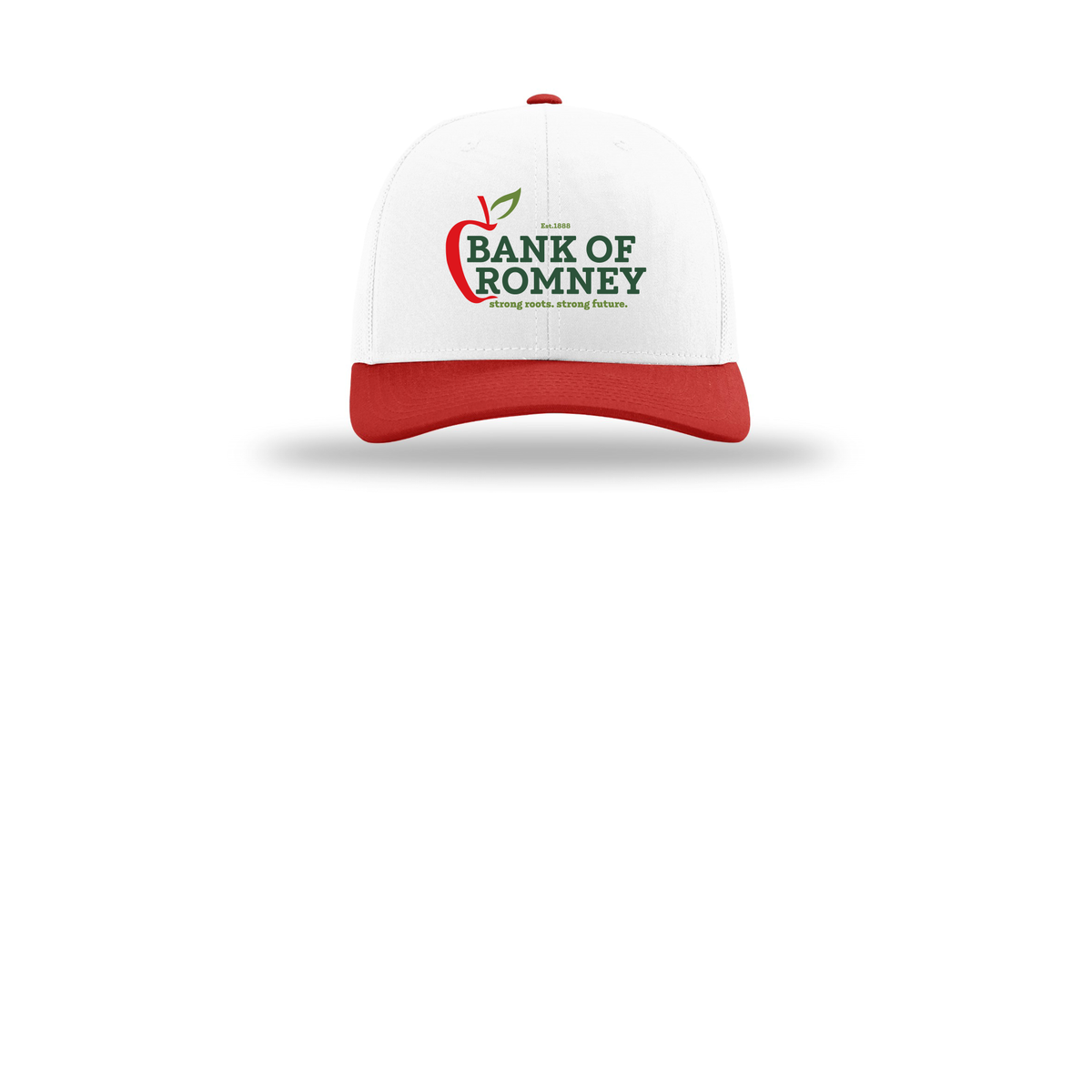 bankofromney-richardson-trucker-cap-embroidery-capfront-R112-whitewhitered-flat-front