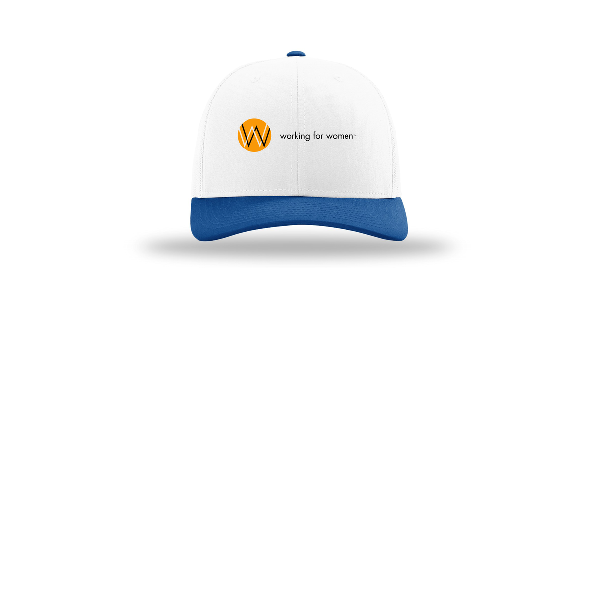 workingforwomen-richardson-trucker-cap-embroidery-capfront-R112-whitewhiteroyal-flat-front
