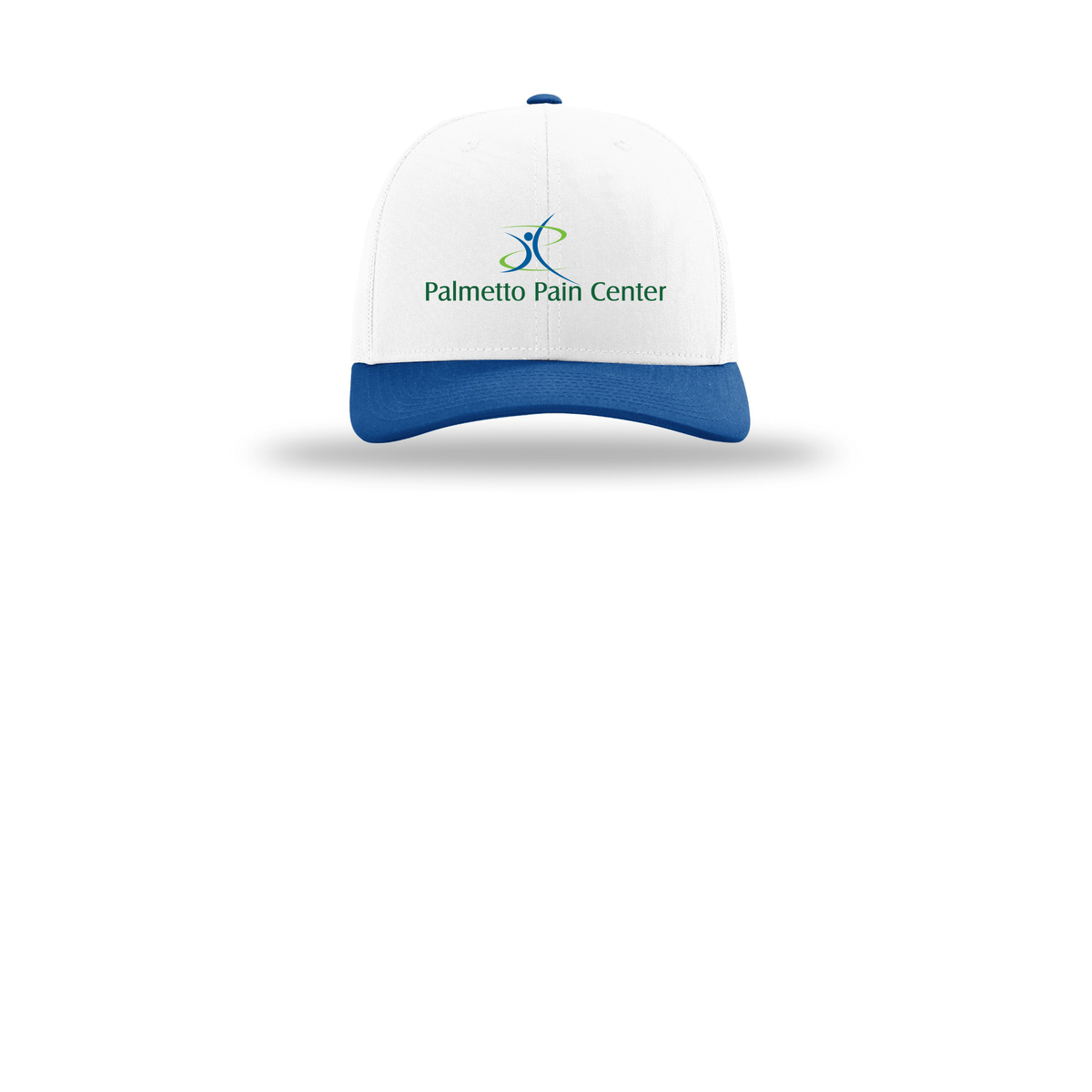 palmetto-pain-center-richardson-trucker-cap-embroidery-capfront-R112-whitewhiteroyal-flat-front